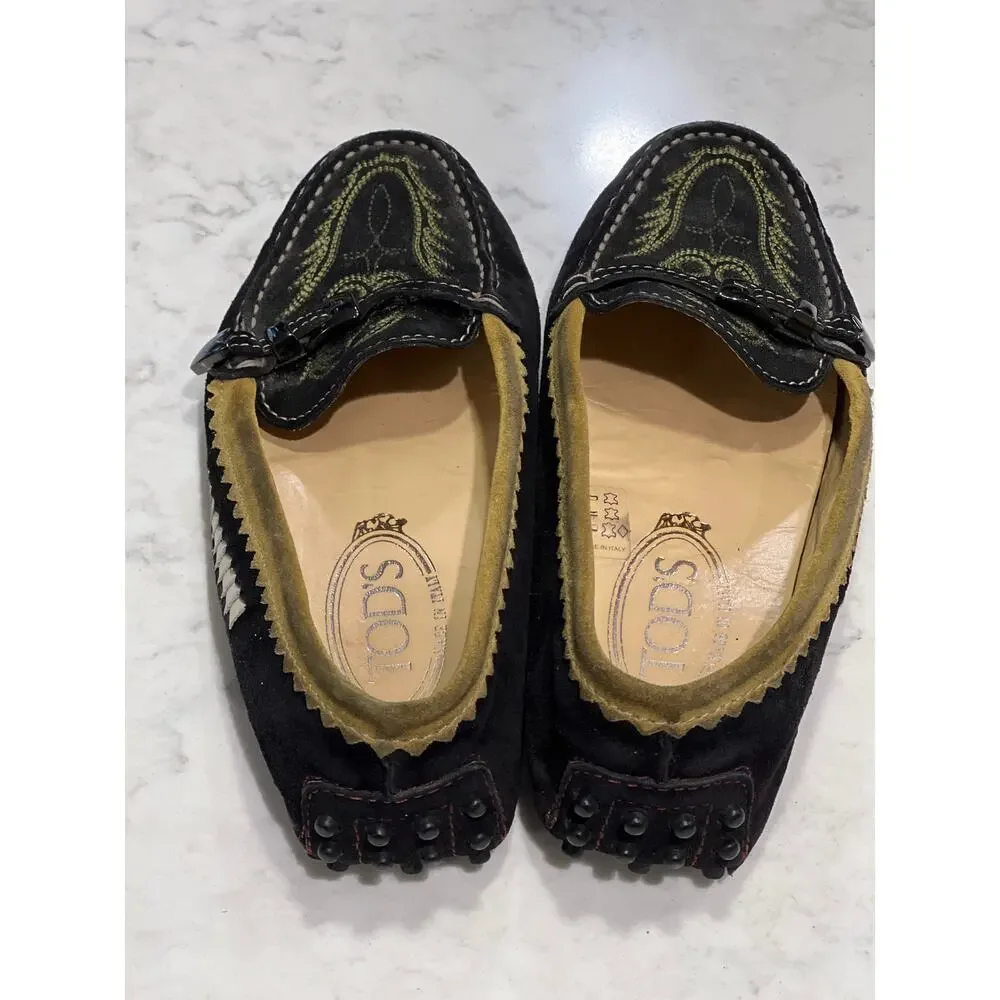 Women's Tod's Suede Embroidered Toe Buckle Driving Casual Loafers Size 5.5 Black
